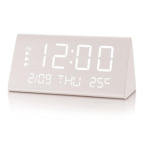 JALL Digital Alarm Clock, with Wooden Electronic LED Time Display, 3 Alarm Settings, Weekday/Weekend Mode, Temperature Detect, Wood Made Electric Clocks for Office, Bedroom, Bedside JALL