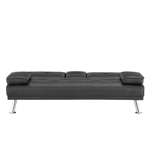 Naomi Home Black Futon Sofa Bed Faux Leather Futon Couch with Armrest and 2 Cupholders Pull Out Sofa Bed Couch with Metal Legs Reclining Small Bed Black Couches for Living Room Naomi Home
