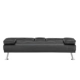 Naomi Home Black Futon Sofa Bed Faux Leather Futon Couch with Armrest and 2 Cupholders Pull Out Sofa Bed Couch with Metal Legs Reclining Small Bed Black Couches for Living Room Naomi Home