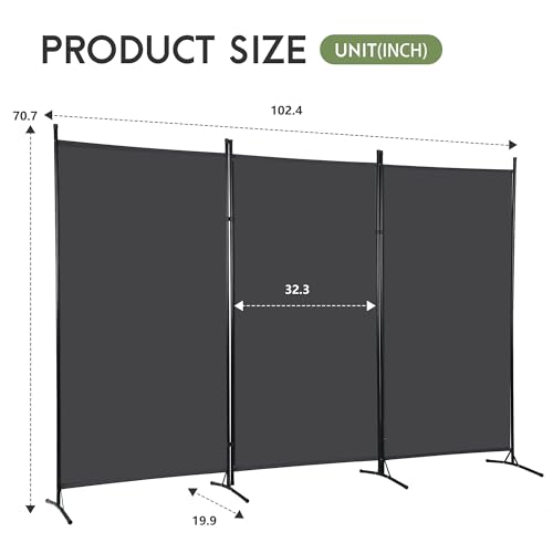 FDW 3-Panel Room Divider Privacy Screen, 6FT Portable Folding Partition with Metal Frame (102" W x 70" H) for Office/Home Use, Grey FDW