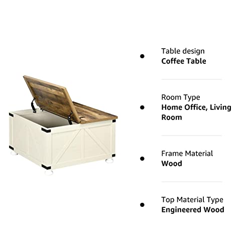 HOMCOM Farmhouse Coffee Table, Square Coffee Table with Storage for Living Room, Center Table with Hinged Flip Lift Top and Hidden Space, Antique White HOMCOM