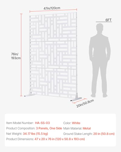 VEVOR Metal Privacy Screen, 47" W x 76" H Outdoor Privacy Screens 3-Panel, Freestanding Outdoor Divider with Stand, Decorative Garden Steel Privacy Fence for Balcony Patio Indoor Room Hot Tub White VEVOR