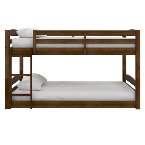 DHP Phoenix Convertible Low Wood Floor Bunk Bed, Stackable and Detachable Bed Frames for Kids, Solid Wood, with Ladder, High Guardrail, Wood Slats, No Boxspring Required, Full-Over-Full, Mocha DHP