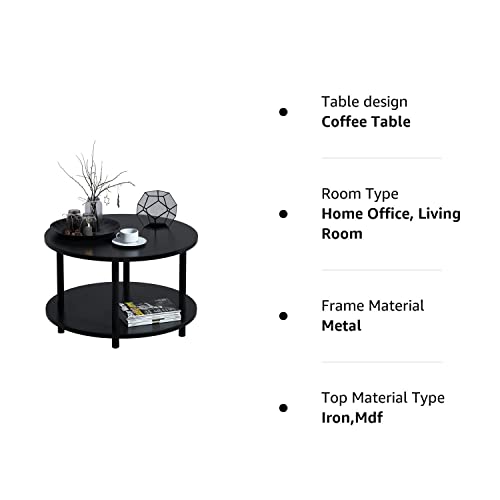 Vanrohe Small Round Coffee Table with Open Storage for Small Space, 23.5" Black 2-Tier Wooden Center Table for Living Room, Metal Legs, Easy to Assemble Vanrohe