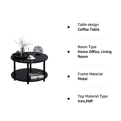 Vanrohe Small Round Coffee Table with Open Storage for Small Space, 23.5" Black 2-Tier Wooden Center Table for Living Room, Metal Legs, Easy to Assemble - WoodArtSupply