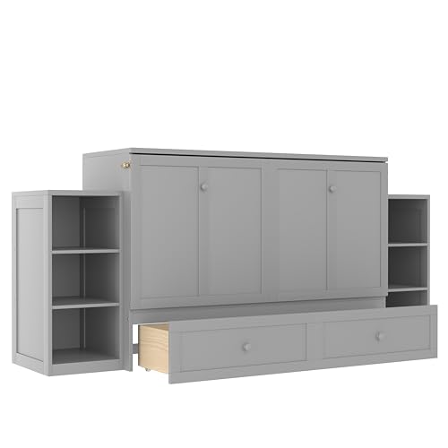 Bellemave Queen Size Murphy Bed, Cabinet Bed with 2 Shelves and Storage Drawers, Farmhouse Murphy Cabinet, Noisy Free, for Guest Bedroom, Living Room, Office, Light Gray Bellemave