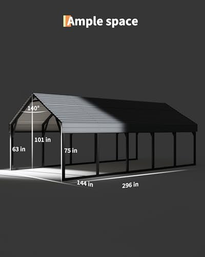 GarveeLife Oversized Metal Carport 12x25 ft, Reinforced Frame and Steel Roof for All-Weather Use, Permanent Shelter for Bass Boats, Full-Sized Pickup Trucks, and Tractors GarveeLife