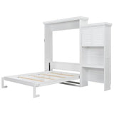 MERITLINE Queen Size Farmhouse Murphy Bed with Storage Cabinet and Shelves, Wooden Hidden Foldable Wall Bed Frame, Murphy Wall Bed Cabinet Queen for Adults, Space-Saving, White MERITLINE