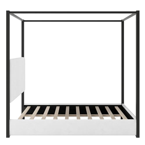 RuiSiSi Queen Size Canopy Bed with Upholstered Headboard, Metal 4-Poster Canopy Bed, Low Profile Platform Bed Frame for Teens, Adults, No Box Spring Needed, Black