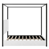 RuiSiSi Queen Size Canopy Bed with Upholstered Headboard, Metal 4-Poster Canopy Bed, Low Profile Platform Bed Frame for Teens, Adults, No Box Spring Needed, Black