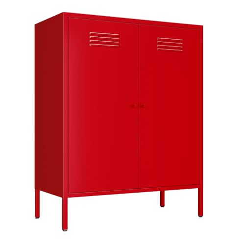 LINGZOE Red Metal Locker Storage Accent Cabinets with 2 Adjustable Shelves, 3 Tier Metal Storage Cabinet with Legs, Steel Cupboard Lockers for Kids Bedroom, Home, Office, Entryway, Kitchen LINGZOE