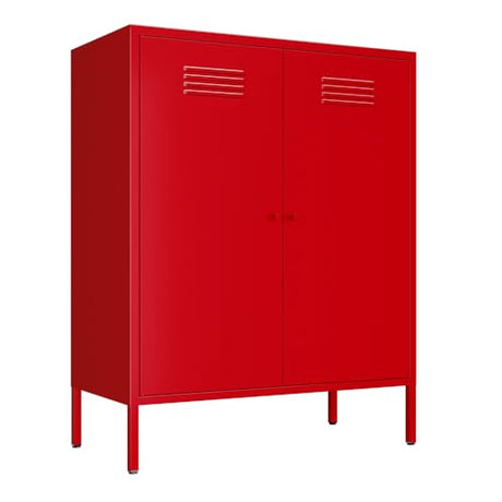 LINGZOE Red Metal Locker Storage Accent Cabinets with 2 Adjustable Shelves, 3 Tier Metal Storage Cabinet with Legs, Steel Cupboard Lockers for Kids Bedroom, Home, Office, Entryway, Kitchen LINGZOE