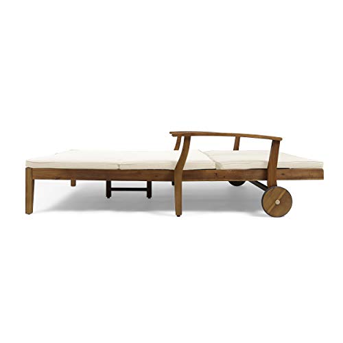 Great Deal Furniture Samantha Double Chaise Lounge for Yard and Patio, Acacia Wood Frame, Teak Finish with Cream Cushions, (307569)