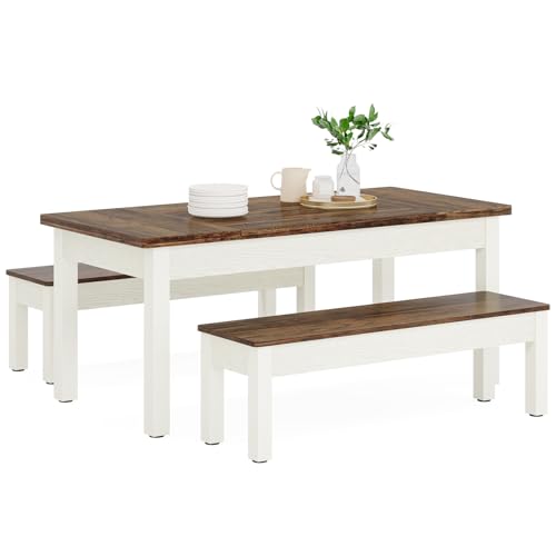 Tribesigns Farmhouse Dining Table Set for 4-6, 55-Inch Wooden Kithcen Table with 2 Benches, Space Saving 3 Pieces Heavy Duty Dinette for Dining Room, Kitchen, Small Space Tribesigns
