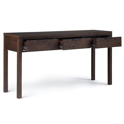 SIMPLIHOME Hollander Console Table - 60 Inch Wide Solid Wood Sofa Table in Warm Walnut Brown, Contemporary Storage Table for Entryway or Living Room with 3 Drawers and Sleek Metal Hardware SIMPLIHOME