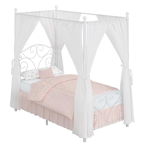 VECELO Metal Canopy Bed Frame Twin Size, 4 Posters Platform Mattress Foundation with Headboard, Heavy Duty Steel Slats Support, No Box Spring Needed, White