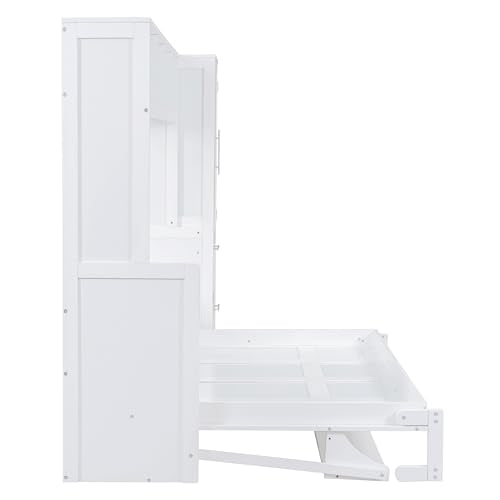 YOPTO Queen Size Horizontal Murphy Bed,Hidden Folding Wall Bed Frame with Built-in Top Shelf,Side Wardrobe & 2 Storage Drawers,Multipurpose Platform Bed,Space Saving,for Guest Room,Home Office,White YOPTO