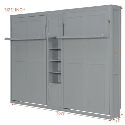 Merax Dual Twin Size Murphy Bed, Twin Wall Beds with Cabinets and Shelves, Gray Merax