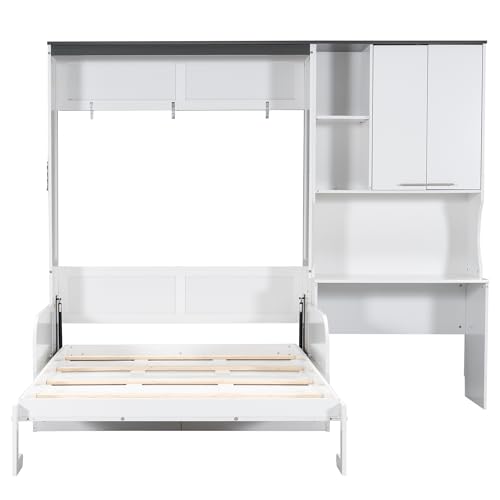 Merax Farmhouse Multi-Functional Murphy Bed with Sofa, Desk & Storage Cabinet,Solid Wood Foldable Wall Bed/Space Saving/No Box Spring Needed/Full,White + Gray Merax