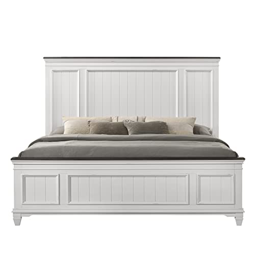 Roundhill Furniture Clelane Shiplap Wood Panel Bed, King, Weathered White and Walnut - WoodArtSupply