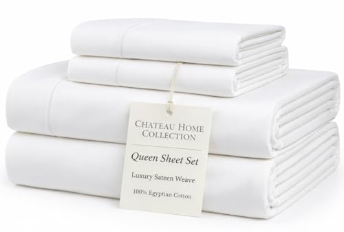 100% Egyptian Cotton Sheets Queen Size Bed Set, 15" Deep Pocket Queen Sheet set, Sateen Cotton Bed Sheet, Cool Soft Breathable No Pill Elasticated Luxury White Bedding For All Seasons
