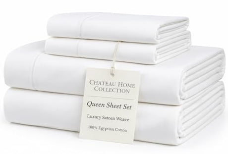 100% Egyptian Cotton Sheets Queen Size Bed Set, 15" Deep Pocket Queen Sheet set, Sateen Cotton Bed Sheet, Cool Soft Breathable No Pill Elasticated Luxury White Bedding For All Seasons CHATEAU HOME COLLECTION
