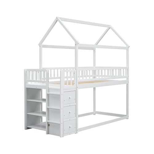 Bellemave Bunk beds Twin Over Twin Size with Drawers and Shelves Storage, Floor bunk Bed,White Bellemave