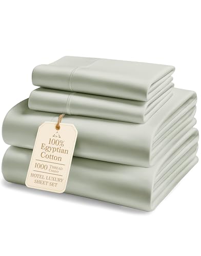 100% Egyptian Cotton Queen Bed Sheet Set – 1000 Thread Count 4 Piece Queen Sheets Set, Breathable & Fade Resistant, Silky Sateen Weave, Ultra-Soft Hotel Luxury Bedding with 15" Deep Pocket - Mineral LANE LINEN