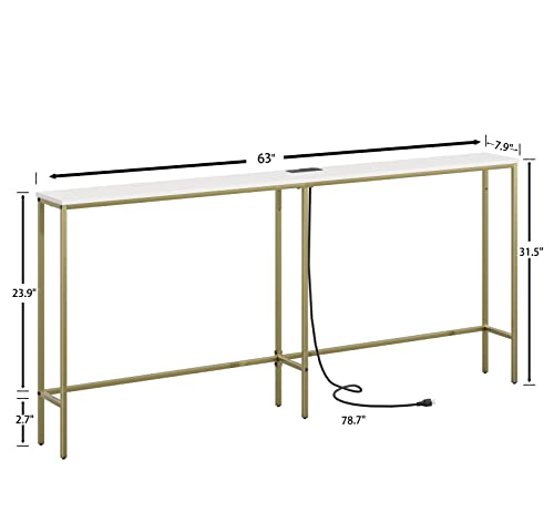 Masupu 70.9 Inch Console Table with Power Outlet，Modern Narrow Long Sofa Table Behind Couch,Skinny Entry Table with Gold Metal Frame for Entryway,Living Room, Hallway,Classic White Masupu