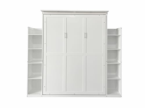 PVWIIK Queen Size Murphy Bed with 5-Tier Shelves and LED Lights,Foldable PlatformBed Vertical Wall Bedframe for Small Space,Bedroom,Living Room,White PVWIIK