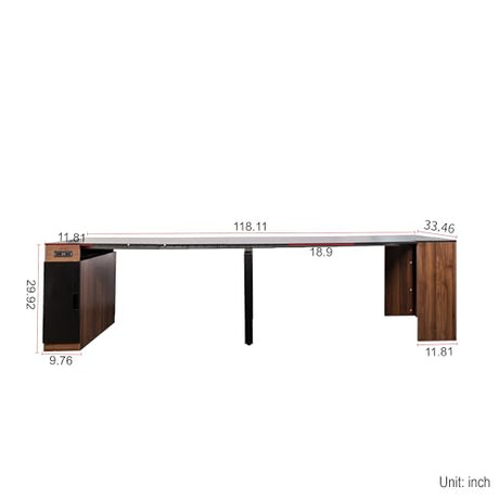 24"-118" Extendable Dining Table with Storage for 2-12 People, Modern Space-Saving Extra Long Wood Folding Table with USB & AC Outlets, Multifunctional Conference Meeting Desk, Black & Walnut DMAITH