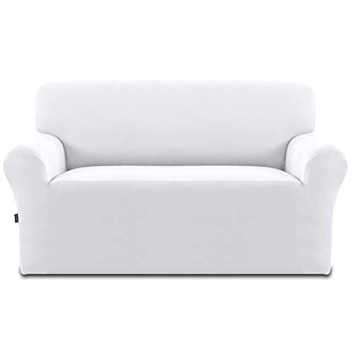 Easy-Going Fleece Stretch Sofa Slipcover Spandex Non-Slip Soft Couch Sofa Cover, Washable Furniture Protector with Anti-Skid Foam and Elastic Bottom for Kids, Pets(Loveseat, Snow White) Easy-Going