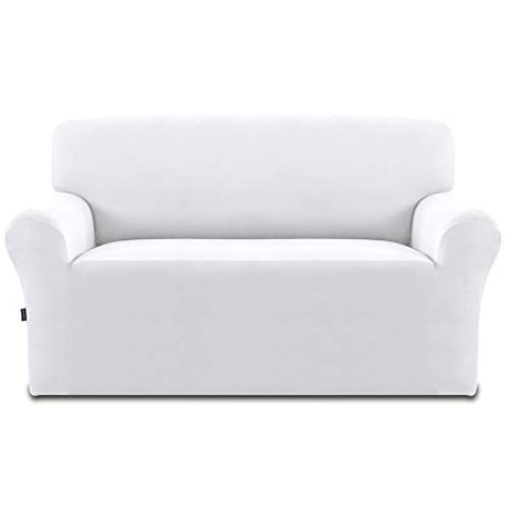 Easy-Going Fleece Stretch Sofa Slipcover Spandex Non-Slip Soft Couch Sofa Cover, Washable Furniture Protector with Anti-Skid Foam and Elastic Bottom for Kids, Pets(Loveseat, Snow White) Easy-Going