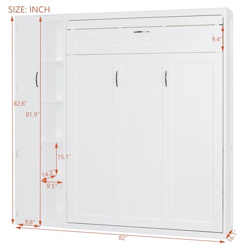 Ball & Cast Murphy Bed Full Size,Wall Chest with Shelves and 4 Drawers,Wood Hideaway Bed Cabinet Platform Bedframe w/LED Lights,can be Folded,Space-Saving,for Small Room,Dorms,White Ball & Cast
