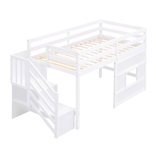 Bellemave Low Loft Bed with Stairs, Twin Size Storage Loft Bed Frame with Staircase and Window, Wood Kids Loft Bed with Steps for Boys Girls Teens, White Bellemave