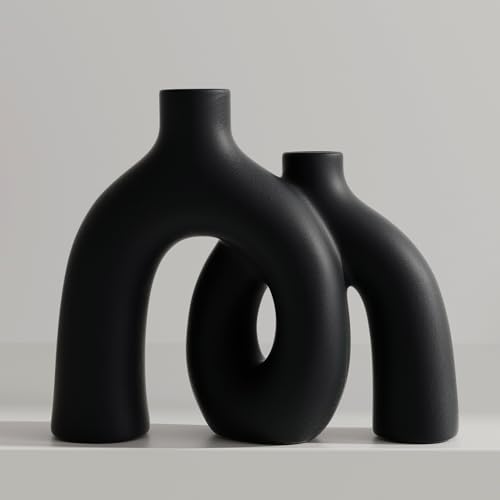 Matte Black Vase Set - Hug Hollow Donut Aesthetic Ceramic Vases Home Decor, Modern Nordic Minimalist Decorative Vase for Table Centerpiece Bookshelf Office Entryway Console Fireplace (Black) Jonronboci