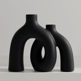 Matte Black Vase Set - Hug Hollow Donut Aesthetic Ceramic Vases Home Decor, Modern Nordic Minimalist Decorative Vase for Table Centerpiece Bookshelf Office Entryway Console Fireplace (Black) Jonronboci
