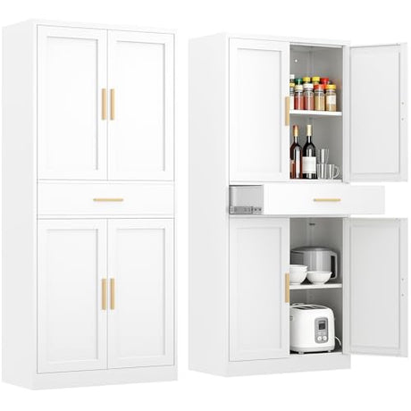 TaskStorz 71" Tall Kitchen Pantry Cabinet, Metal Kitchen Pantry Storage Cabinet with Drawer and 2 Adjustable Shelves, Freestanding Pantry Cupboard for Living, Dining Room, White TaskStorz
