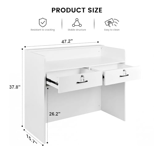 Small Reception Desk with Counter LED Lights,Modern Front Desk Checkout Counter with Lockable Drawer,Wooden Reception Room Tables, Cash Register Stand for Salon,Retail,Office,Lobby(White, 47.2in) WUIOYNF