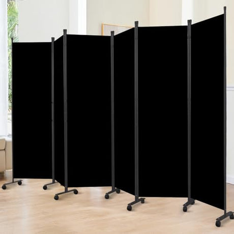 Room Divider 6FT Room Partition with Lockable Wheels, (Thicked Metal Base) Room Dividers, Freestanding Indoor Folding Privacy Screens, Portable Fabric Wall Divider for (Black, 132"- 6 Panel) JVVMNJLK
