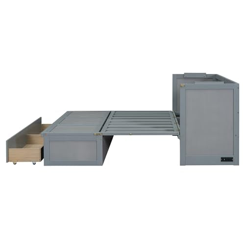 Harper & Bright Designs Queen Size Murphy Bed Cabinet, Solid Pine Wall Bed Chest with USB, Charging Station and Large Storage Drawer for Home Office or Small Room - Gray Harper & Bright Designs