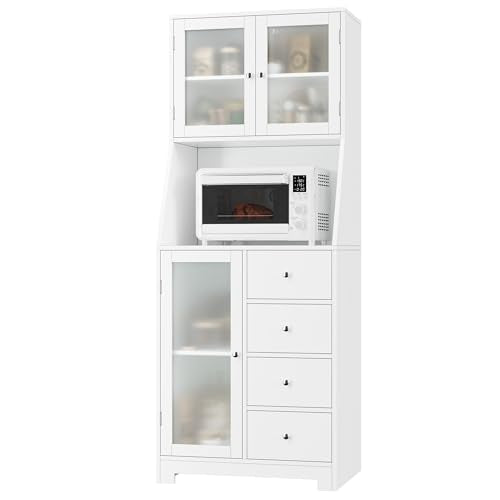 BOTLOG 64'' Kitchen Pantry Storage Cabinet, Tall Kitchen Storage Cabinet with Microwave Stand, Hutch Cabinet with Adjustable Shelves, for Dining Room (White) BOTLOG