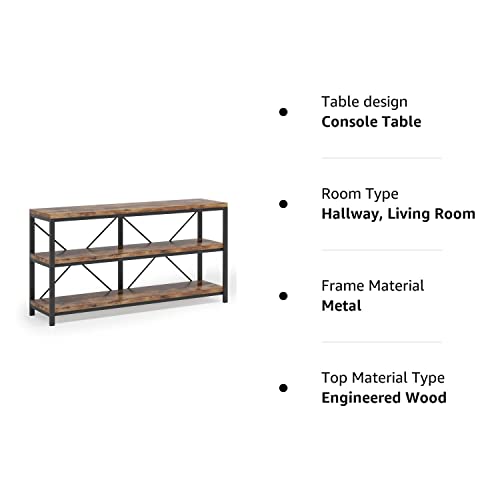 55 Inches Long Sofa Table with Storage Shelves, 3 Tiers Industrial Rustic Console Table with Open Shelves, Three Decorative Shelf, Open TV Shelf for Living Room, Hallway, Book