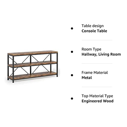 55 Inches Long Sofa Table with Storage Shelves, 3 Tiers Industrial Rustic Console Table with Open Shelves, Three Decorative Shelf, Open TV Shelf for Living Room, Hallway, Book