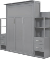 Queen Murphy Bed with Storage Drawers,LED Lights and Shelves,Wood Murphy Wall Bed Cabinet for Adults (Grey) MERITLINE