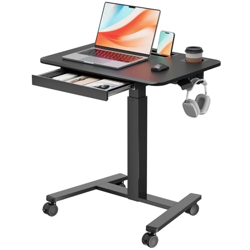 JYLH JOYSEEKER Mobile Standing Desk with Drawer, 28" Rolling Desk with Cup Holder and Hooks, Portable Laptop Workstation on Wheels, Height Adjustable Cart with Storage for Home Office, Black JYLH JOYSEEKER