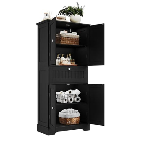ChooChoo 51" H Tall Bathroom Floor Cabinet, Modern Bathroom Storage Cabinet with Drawer and Adjustable Shelves, Freestanding Kitchen Pantry Cupboard with 4 Doors for Living Room, Black ChooChoo