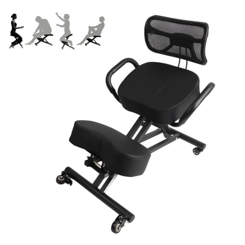 Ergonomic Height Adjustable Breathable Kneeling Chair Back Support Kneeling Chair with Leather Cushion Comfortable Mesh Backrest, Spine Alignment Support Zerone