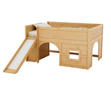 Merax Full Size Loft Bed with Slide & Stairs, Low Loft Bed for Kids, Solid Wood Bed Frame with Storage Shelve, Guard Rails, Slat Support & Under-Bed Play Space, No Box Spring Needed, Natural Merax