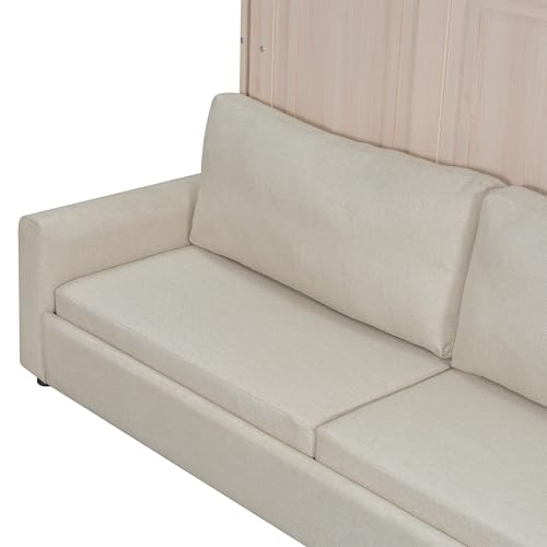 SOFTSEA Queen Size Murphy Bed with Sofa, Hidden Wall Bed Cabinet with LED Lights, Space-Saving Foldable Murphy Bed Frame for Guest Room Bedroom Home Office, Beige SOFTSEA